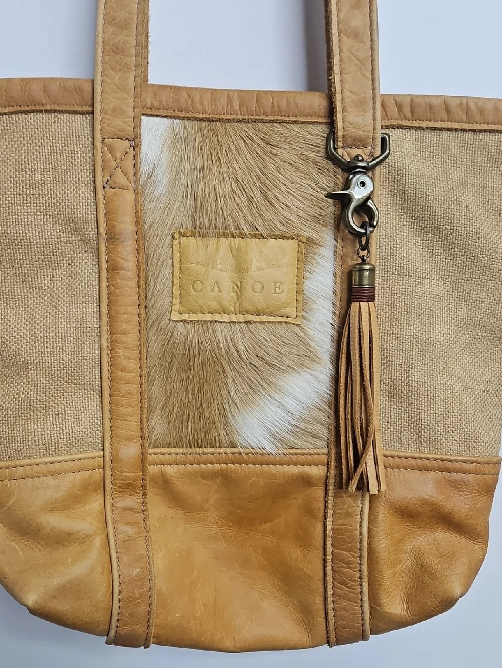 Canoe Handmade Tan Leather Hair Burlap Tote Shoulder Bag 13